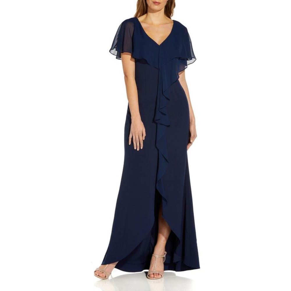 Adrianna Papell Womens Blue Ruffled V-Neck Formal Evening Dress Gown